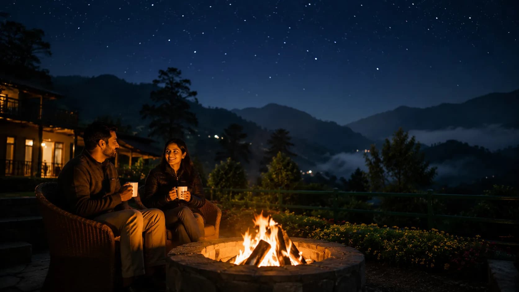 Travellers sharing an evening around a resort bonfire